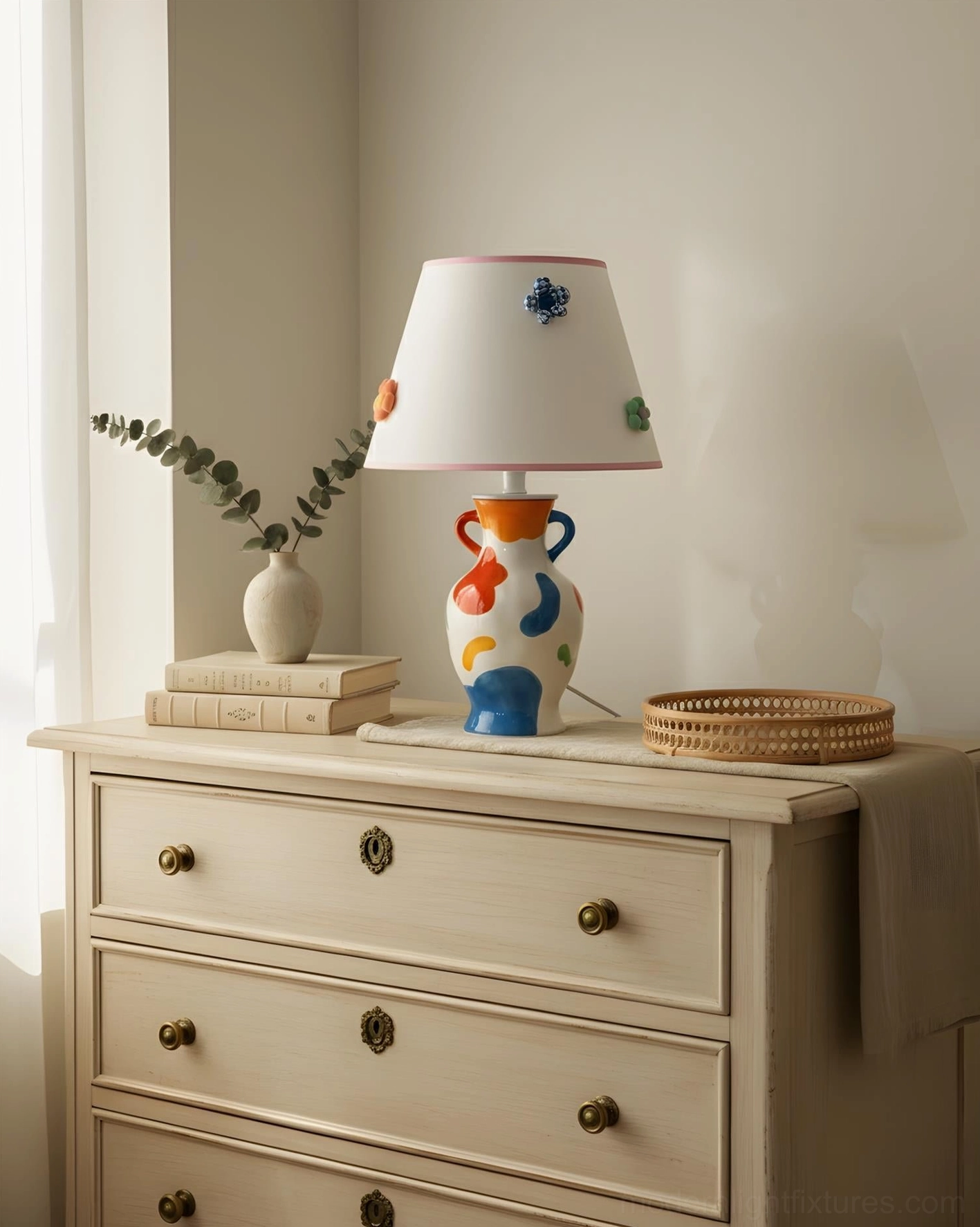 Hand-painted ceramic table lamp artistic detail showing multicolor abstract strokes on sculptural ceramic base