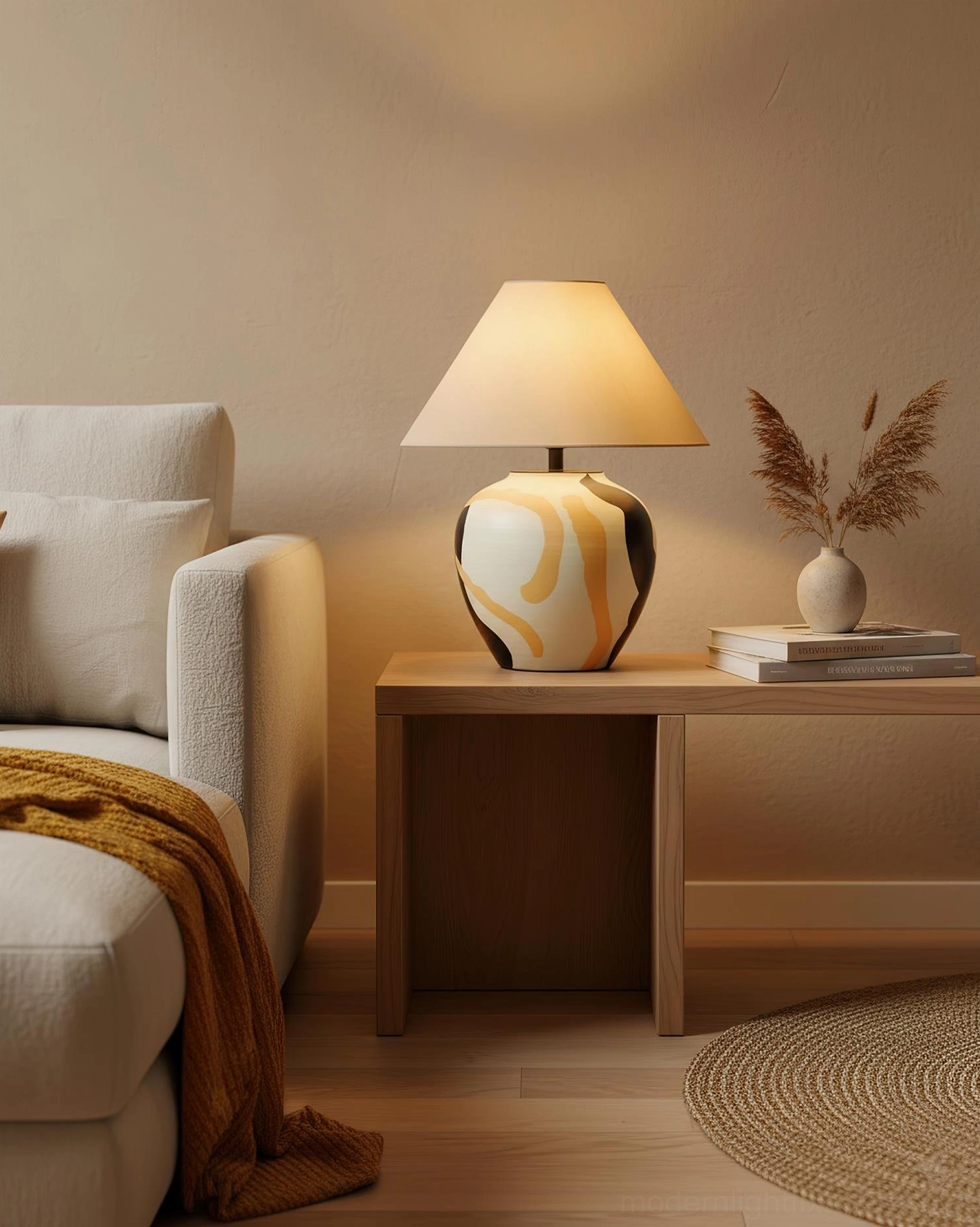 Ceramic table lamp with swirled glaze decoration and tapered fabric shade, displaying warm ambient lighting and design details