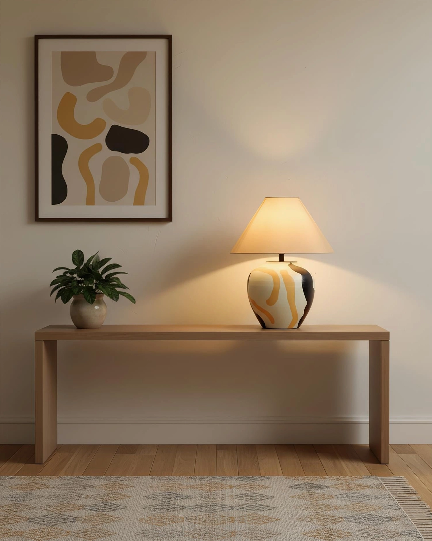 Ceramic table lamp with artistic hand-painted swirled glaze pattern, front view showing tapered shade and decorative base