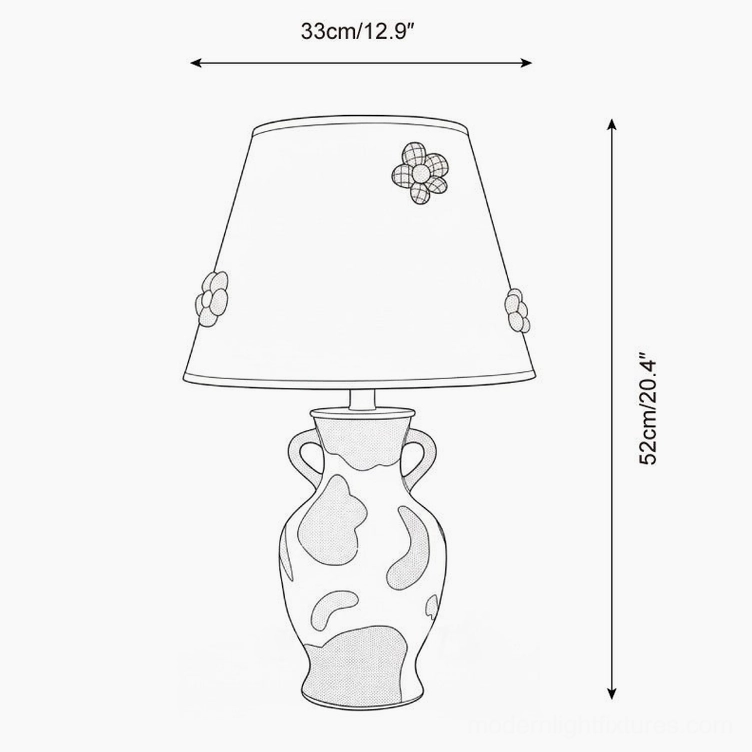 Hand-painted ceramic table lamp technical schematic showing orthographic dimensions and structural outline on datasheet background