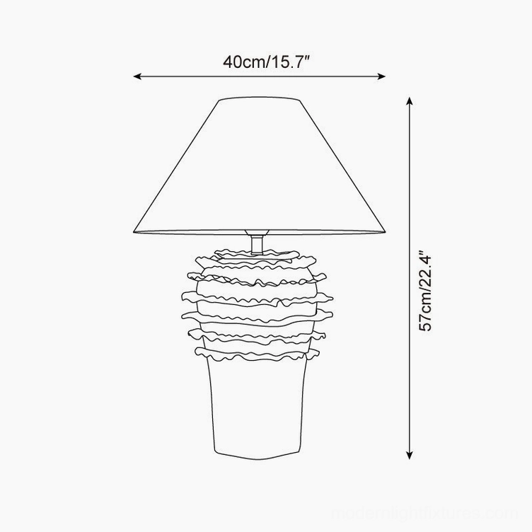 Technical schematic diagram of stratified ceramic table lamp showing 40cm width and 57cm height dimensions