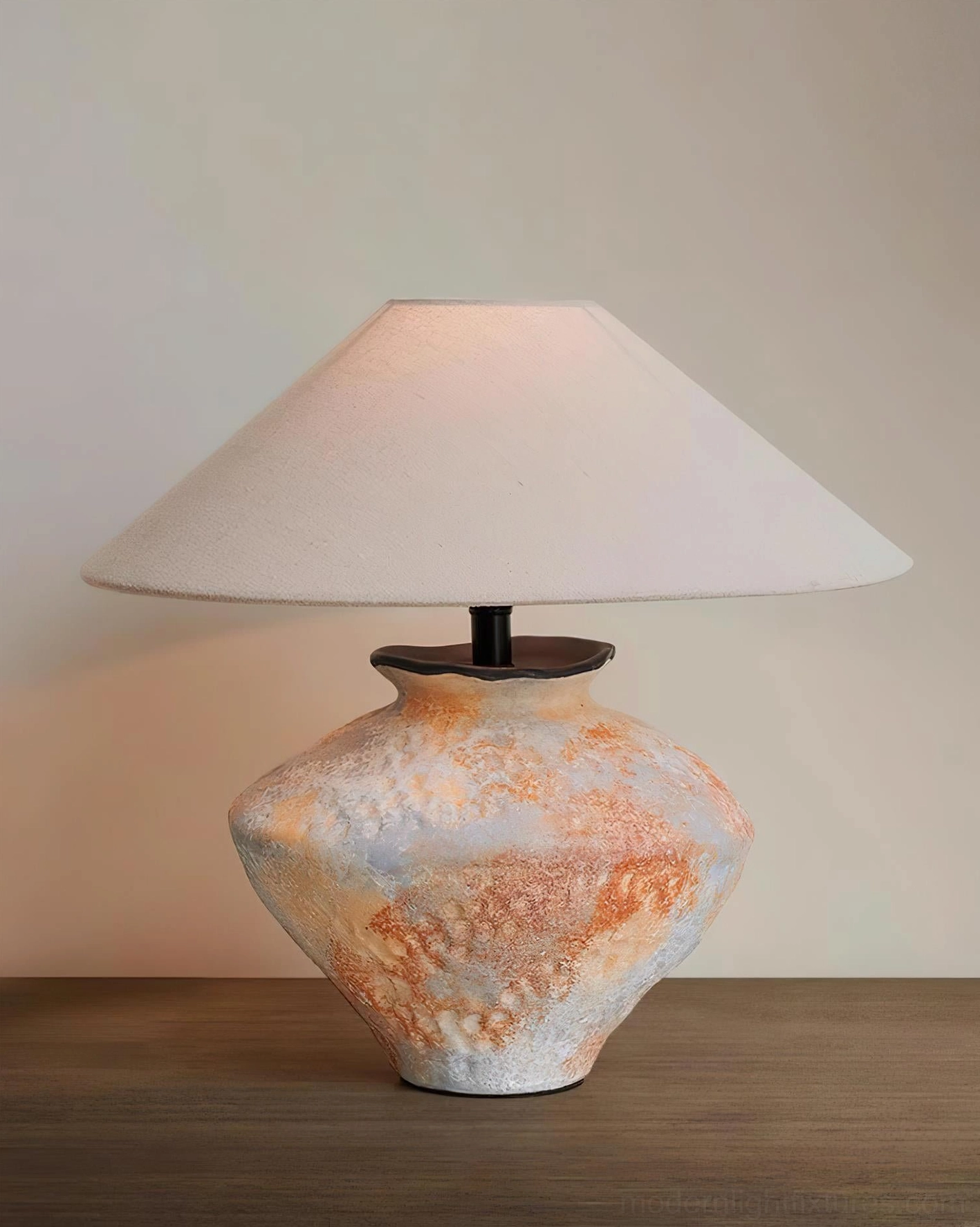 Ceramic handcrafted table lamp terracotta beige color option display