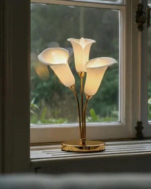 Sculptural ceramic table lamp with warm glow displayed on windowsill in modern home interior
