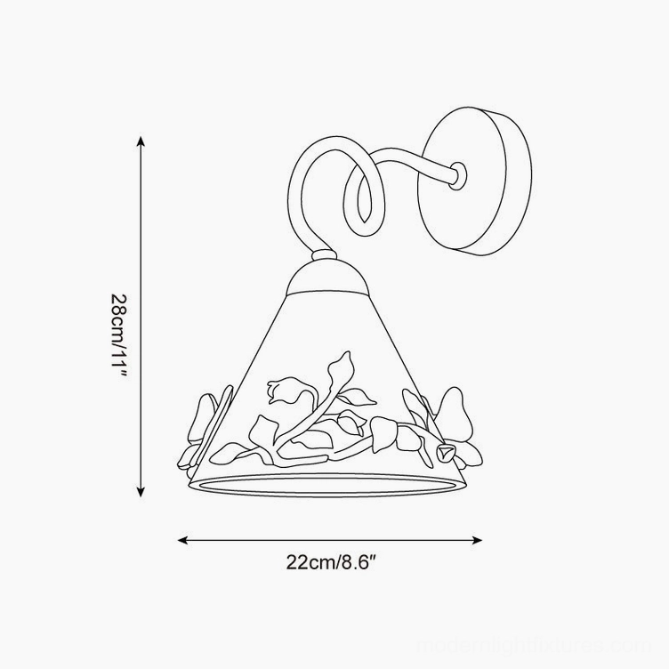 Florynna ceramic butterfly wall sconce technical drawing showing orthographic design specifications with dimensions 28cm height by 22cm width