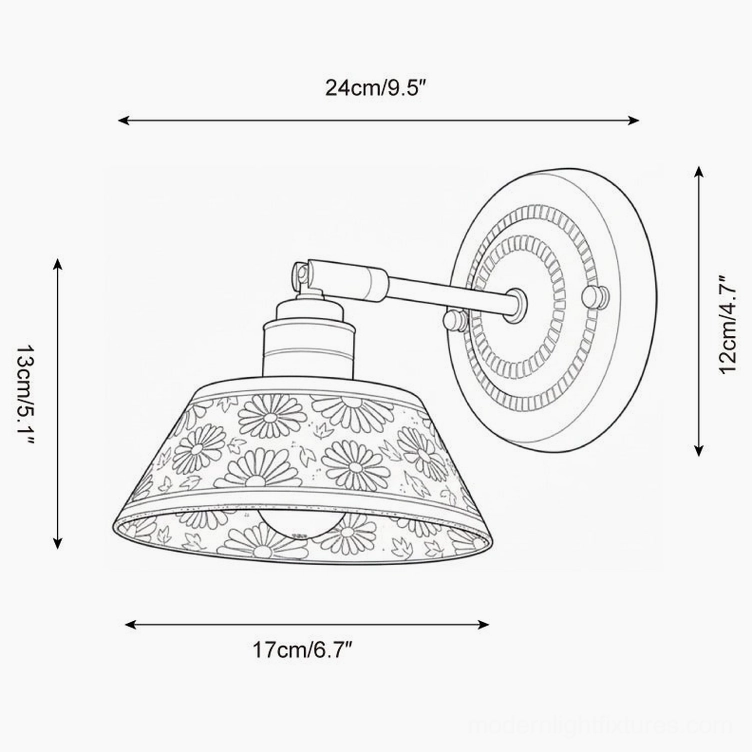 Technical orthographic drawing of indigo porcelain wall sconce with dimension specifications