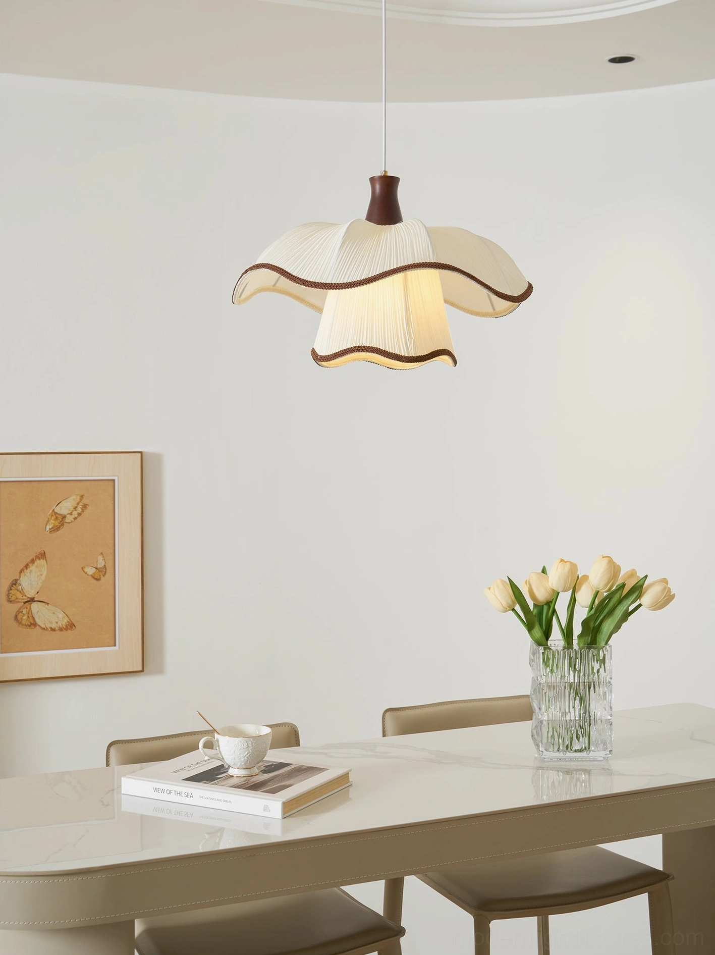 Ceriva ruffled fabric pendant lamp soft glow over dining table vintage aesthetic