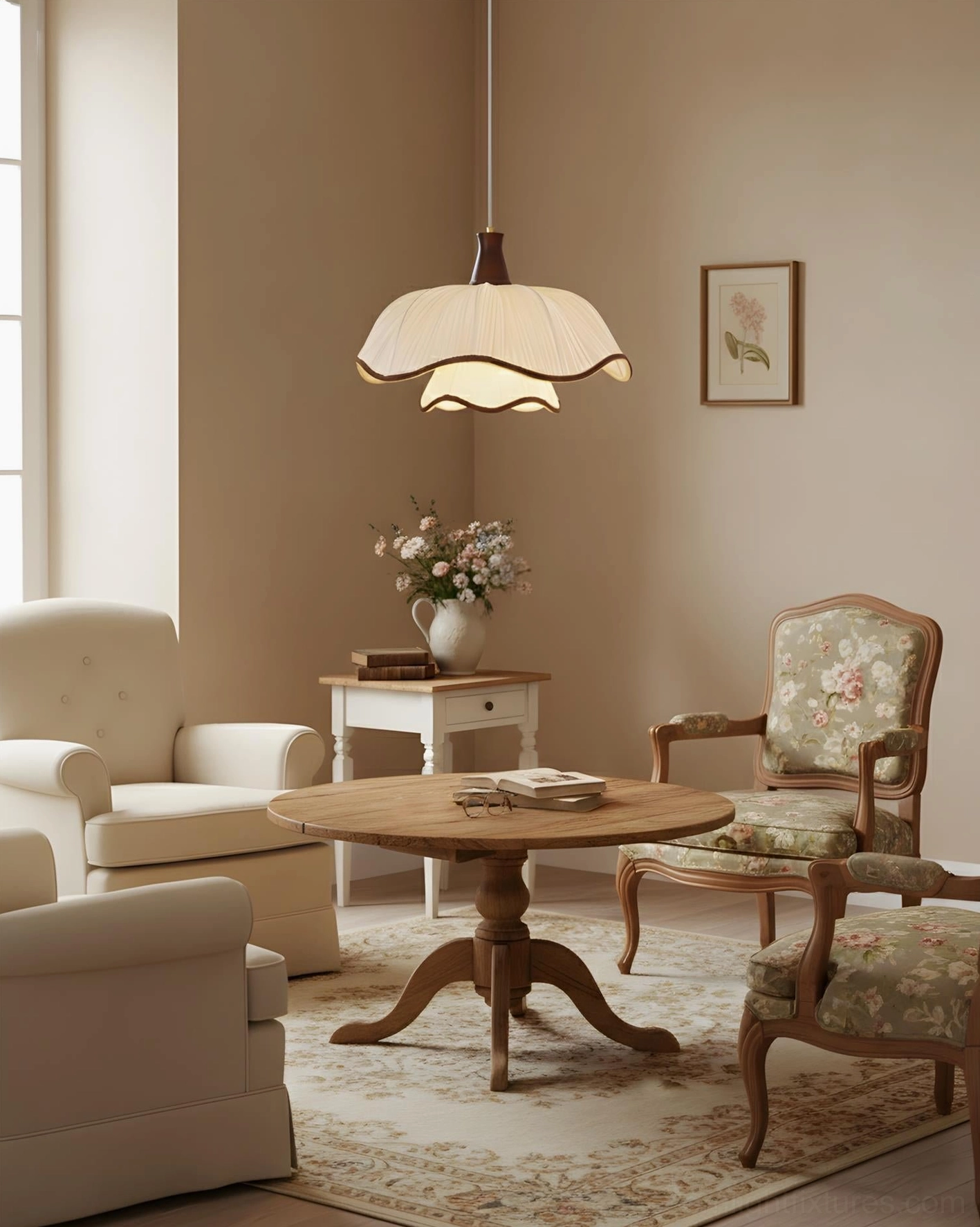 Ceriva ruffled fabric pendant lamp close-up showing hand-finished pleated shade construction