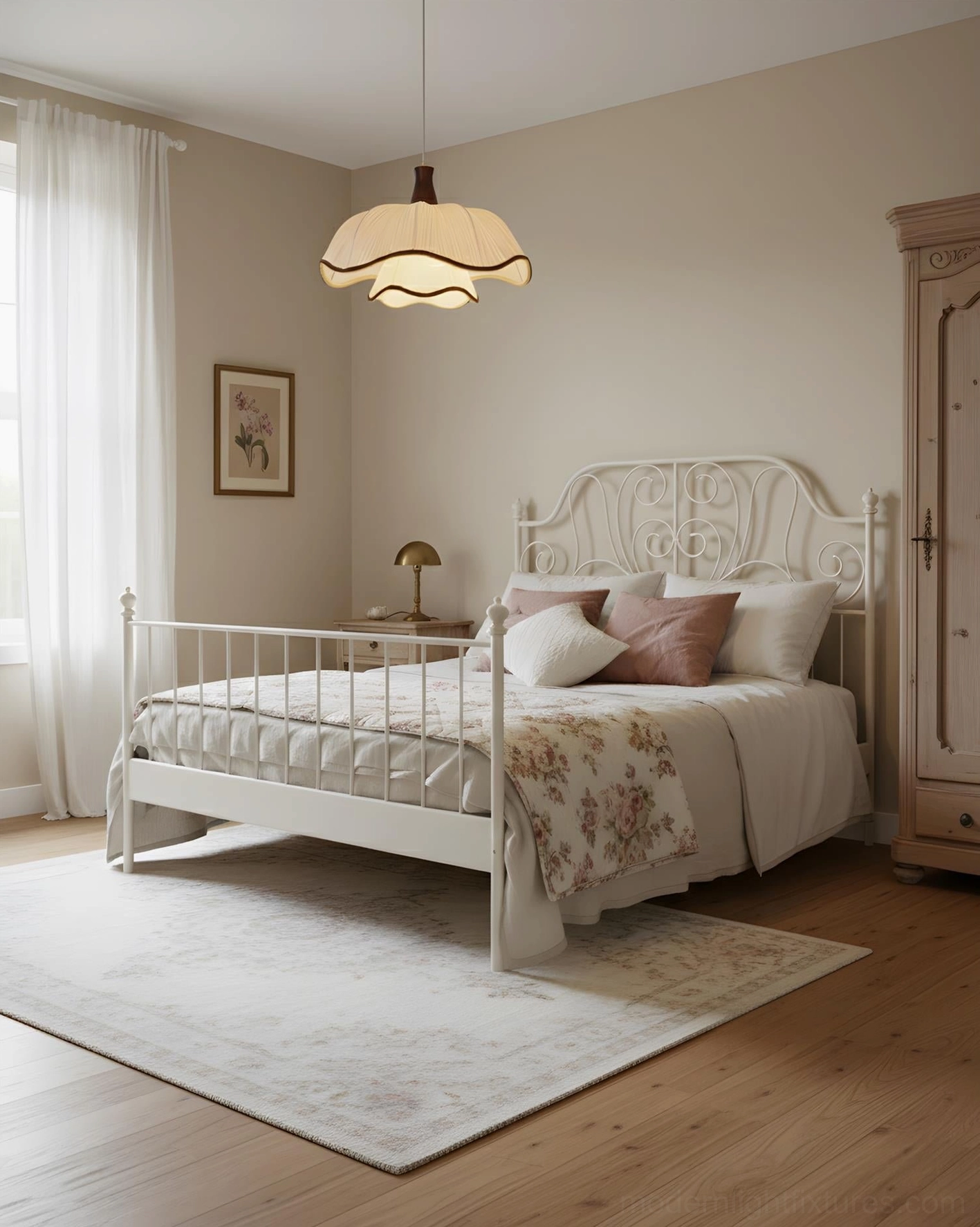 Ceriva ruffled fabric pendant lamp bedroom installation, French pastoral bedroom design