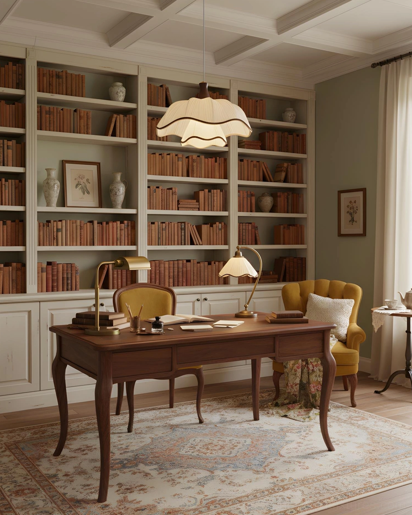 Ceriva ruffled fabric pendant lamp above wooden desk in classic vintage home office