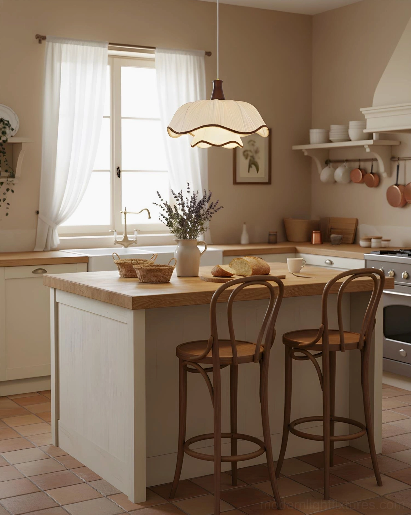 Ceriva ruffled pendant lamp installed above farmhouse kitchen island, warm ambient lighting