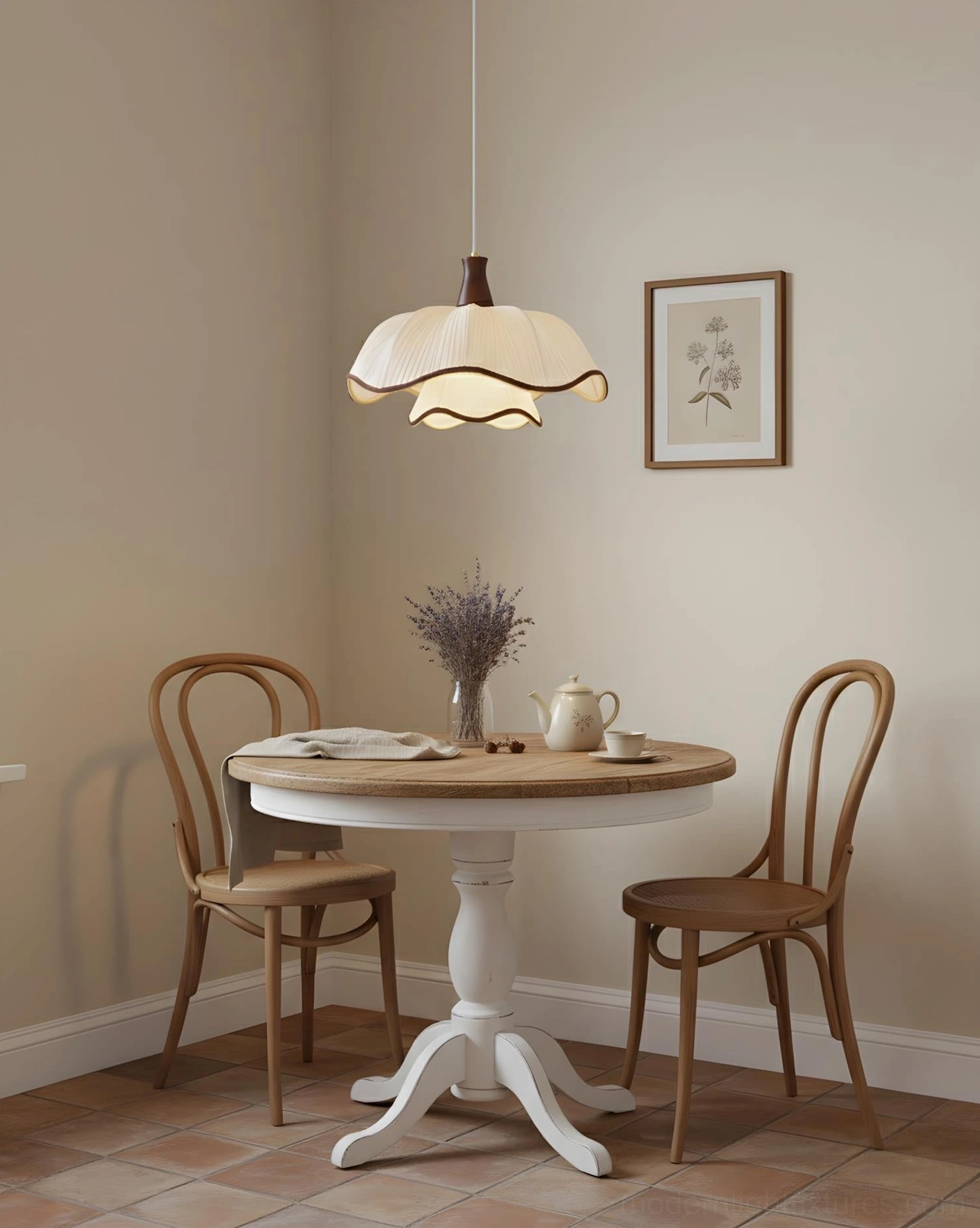 Ceriva ruffled pendant lamp walnut wooden neck detail and fabric shade construction