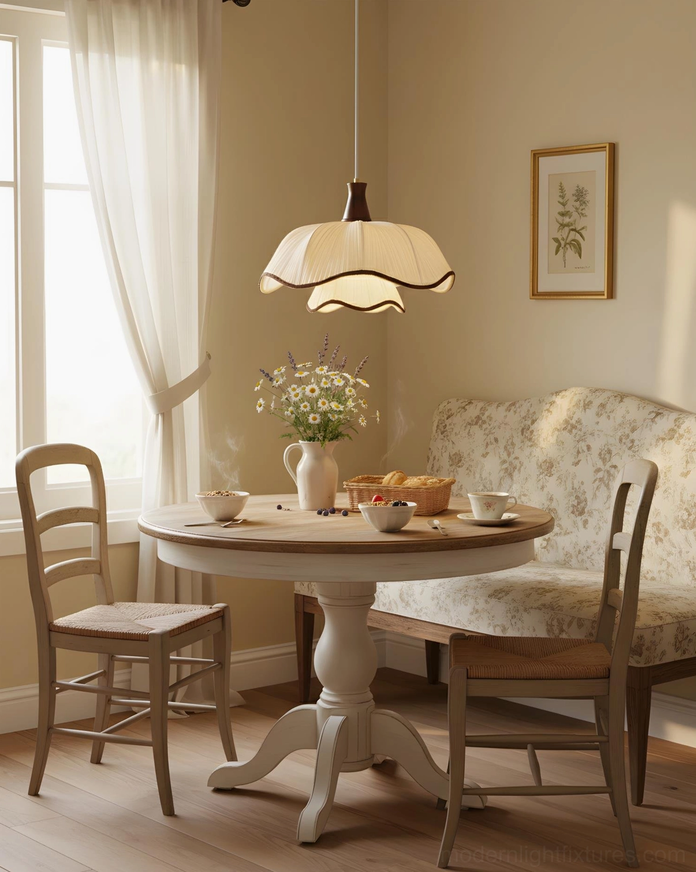 Ceriva ruffled pendant lamp hanging above round dining table in French farmhouse interior