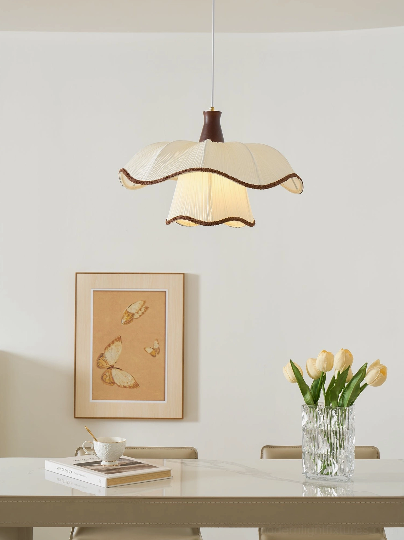Ceriva ruffled pendant lamp detail showing pleated fabric and metal hardware