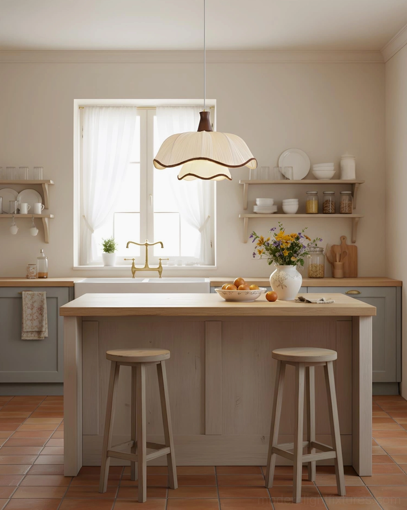 Ceriva ruffled pendant lamp in farmhouse kitchen corner, rustic interior styling