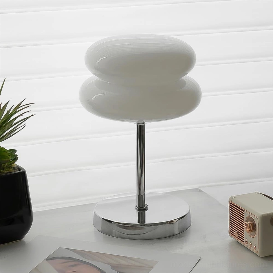 Modern chrome and white glass table lamp with international electrical certification