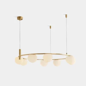 Ceto modern ring chandelier with frosted glass globe shades and brass metal frame - studio product view