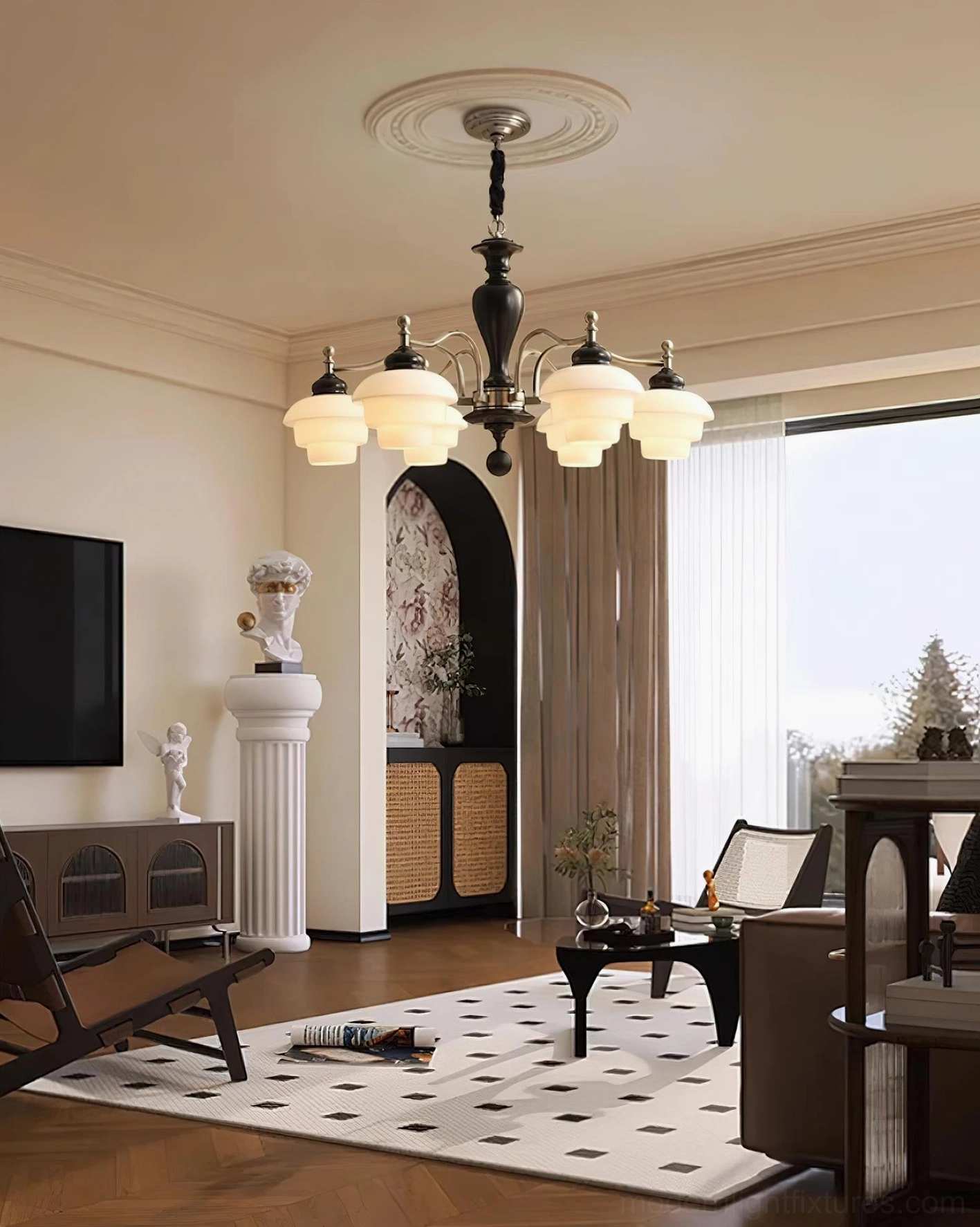 Wood and metal chandelier with adjustable hanging chain and multiple frosted glass lamp covers in various sizes