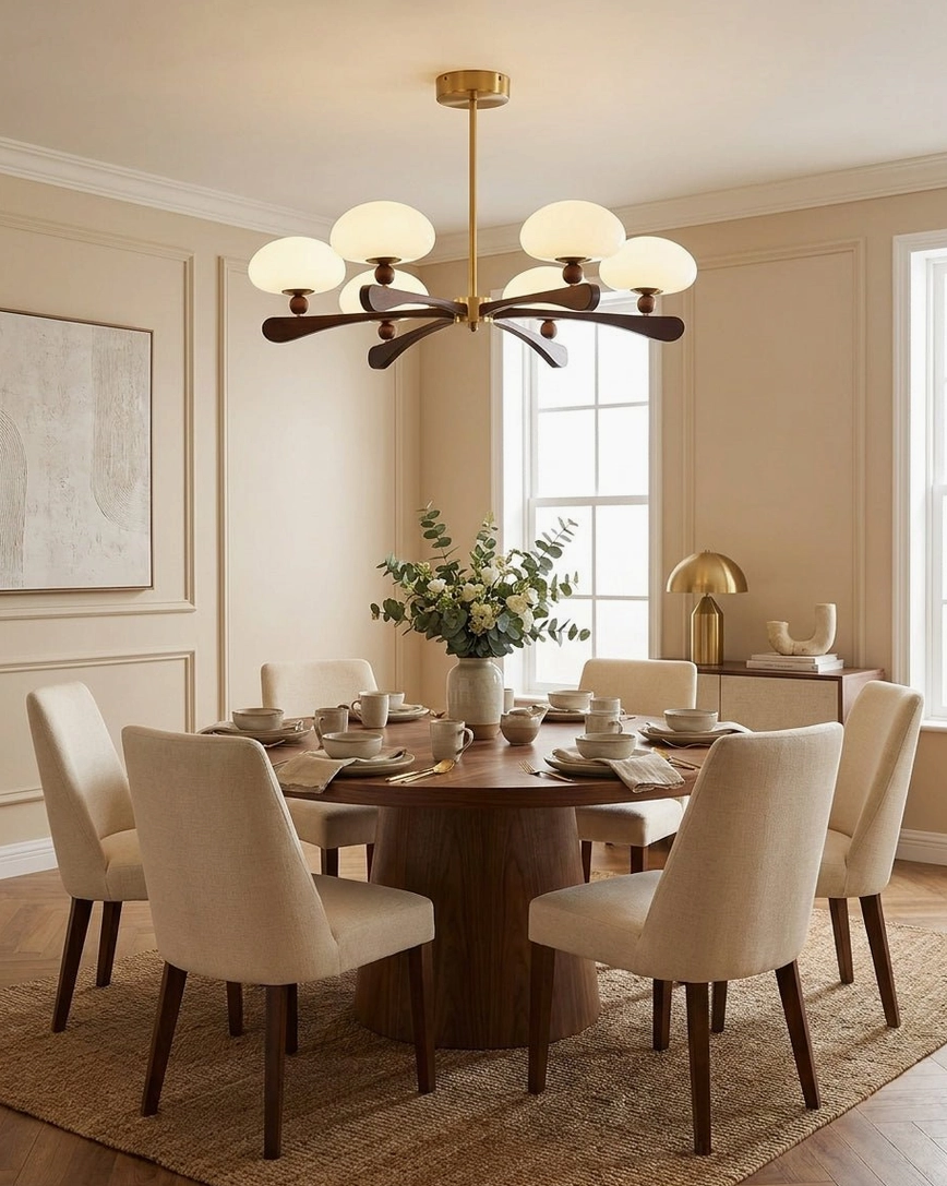Mid-century modern multi-arm chandelier detail shot showing walnut wood ball connectors, opal glass mushroom domes, and gold-tone metalwork