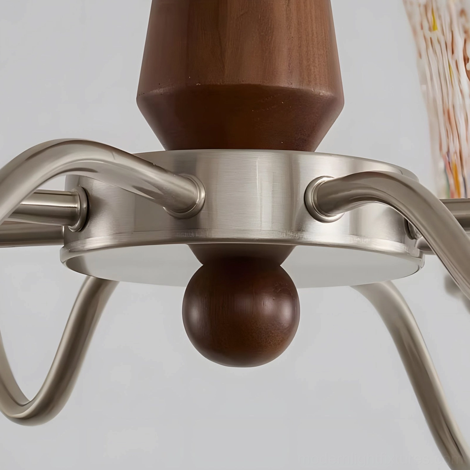 Mid-Century Chandelier Hardware and Walnut Wood Detail - Brushed Nickel Metal Frame with Wood Accents