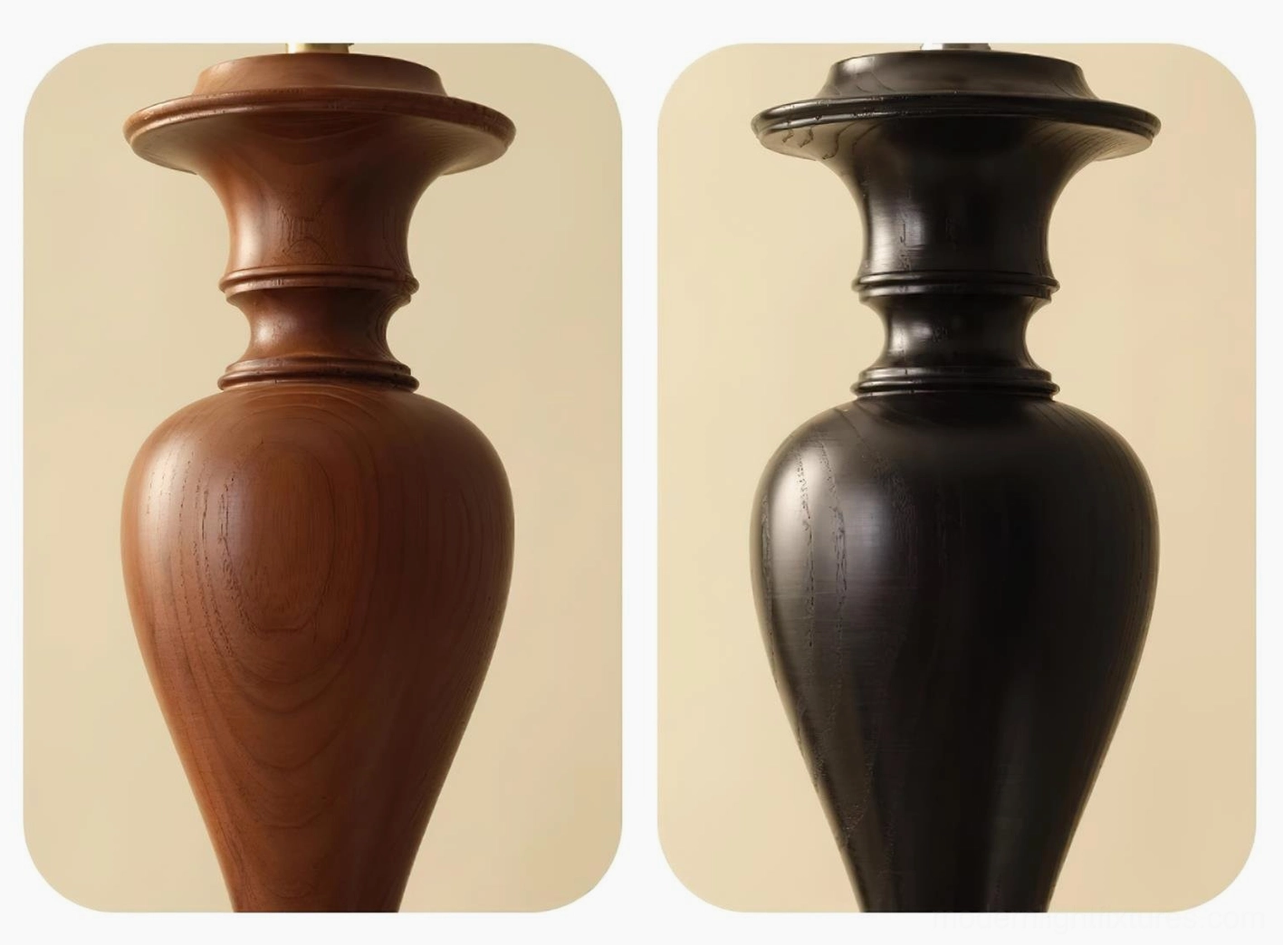 Wood and metal chandelier material quality showcasing natural wood grain and refined metal patina finish