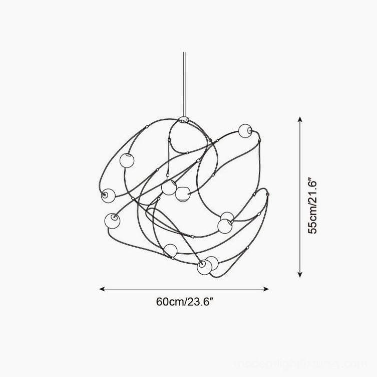 Pendant chandelier structure line drawing with alternative brass curved wire arrangement and acrylic sphere placement, 60cm x 55cm size