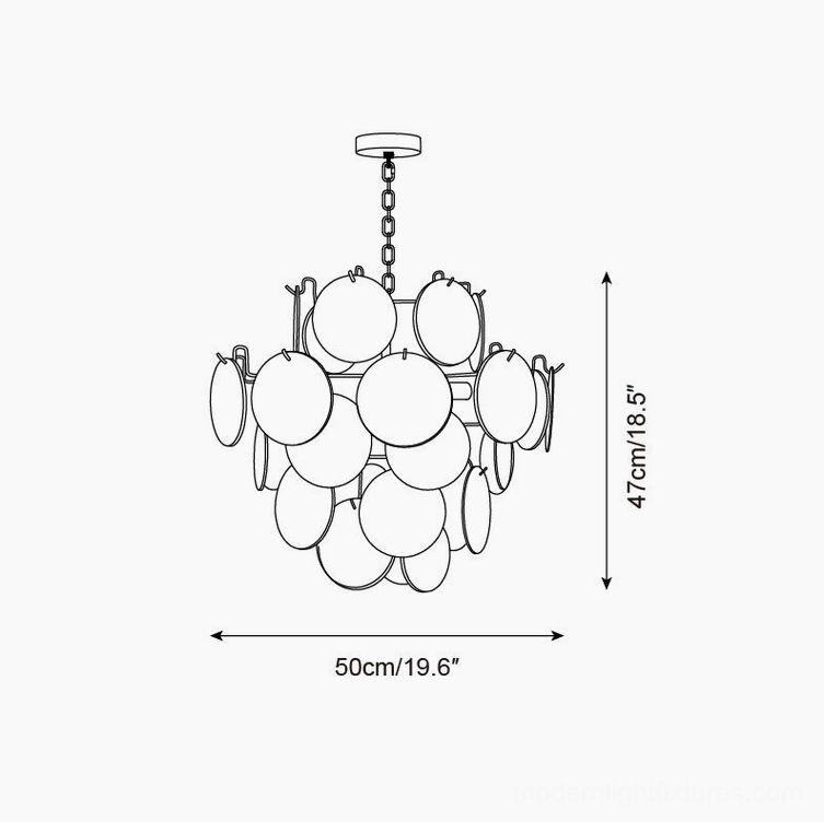 Technical line drawing orthographic front view of 50cm iridescent glass disc chandelier with dimensions