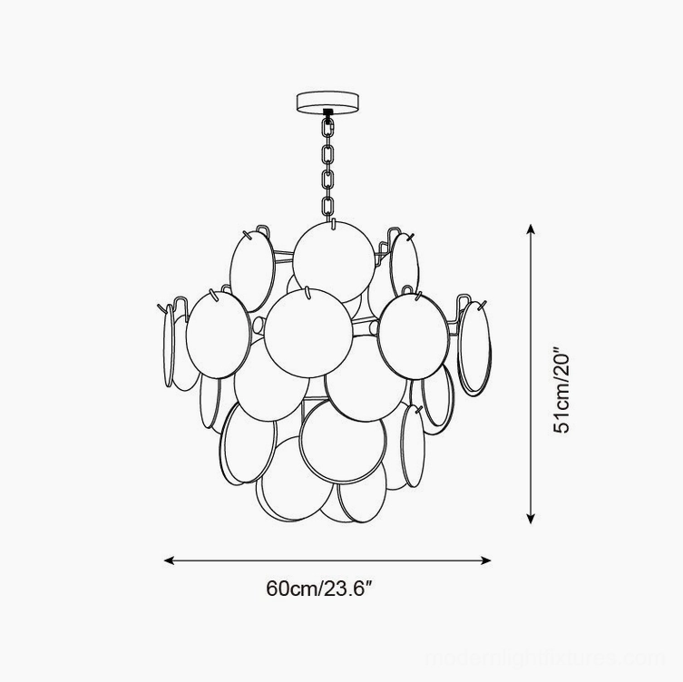 Technical line drawing orthographic front view of 60cm iridescent glass disc chandelier specifications