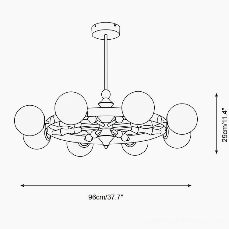 Technical drawing specifications for 8-head mid-century modern glass globe chandelier