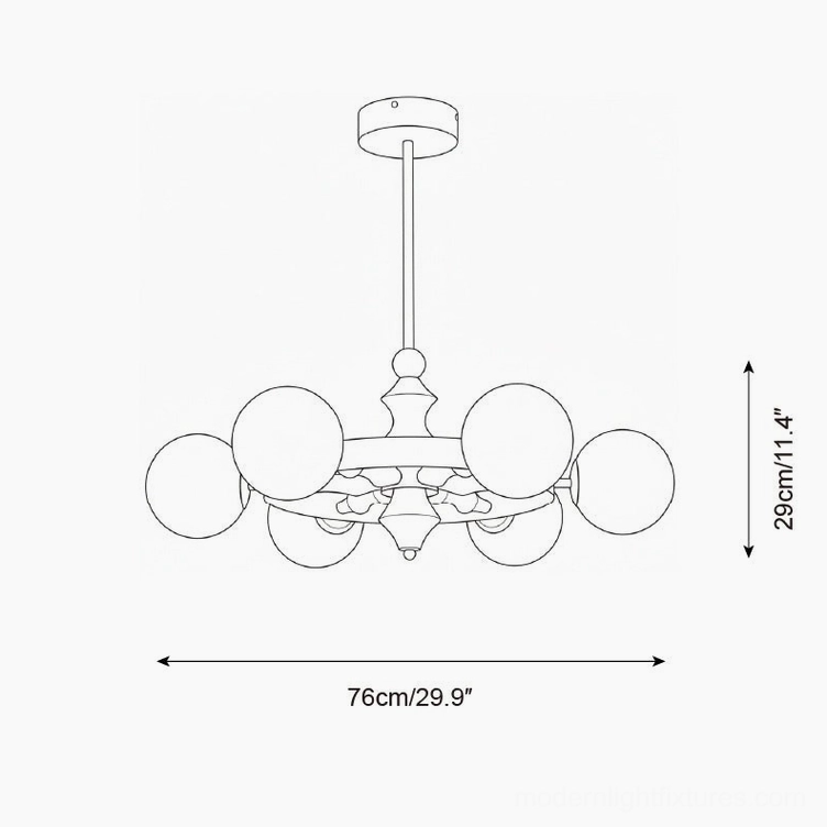Technical drawing specifications for 6-head mid-century modern glass globe chandelier