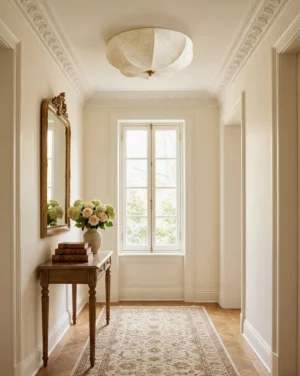 Chantoria cream lobed fabric flush mount ceiling light installed in formal entryway with white crown molding and classic traditional decor