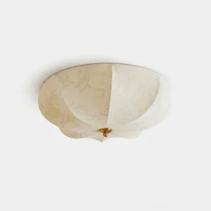 Chantoria hand-woven lobed fabric flush mount ceiling light with cream printed pumpkin dome and electroplated gold finial - front studio product shot