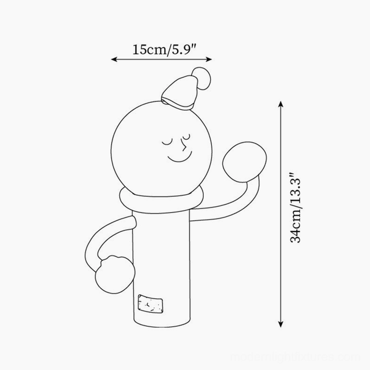 Articulated character table lamp technical line drawing dimensions specifications 15cm diameter 34cm height