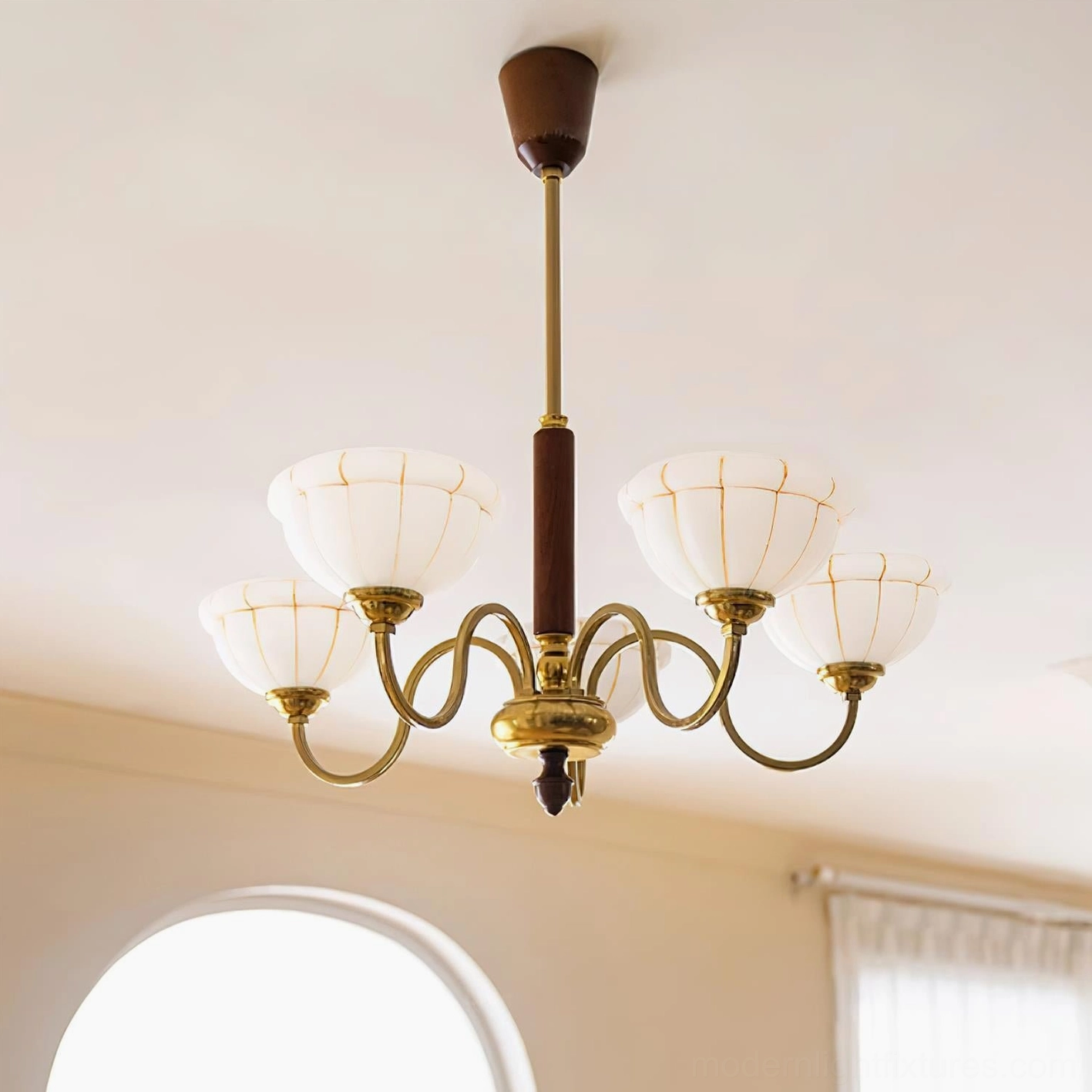 Charlie chandelier installation detail with decorative ribbed ceiling rose and hanging rod assembly