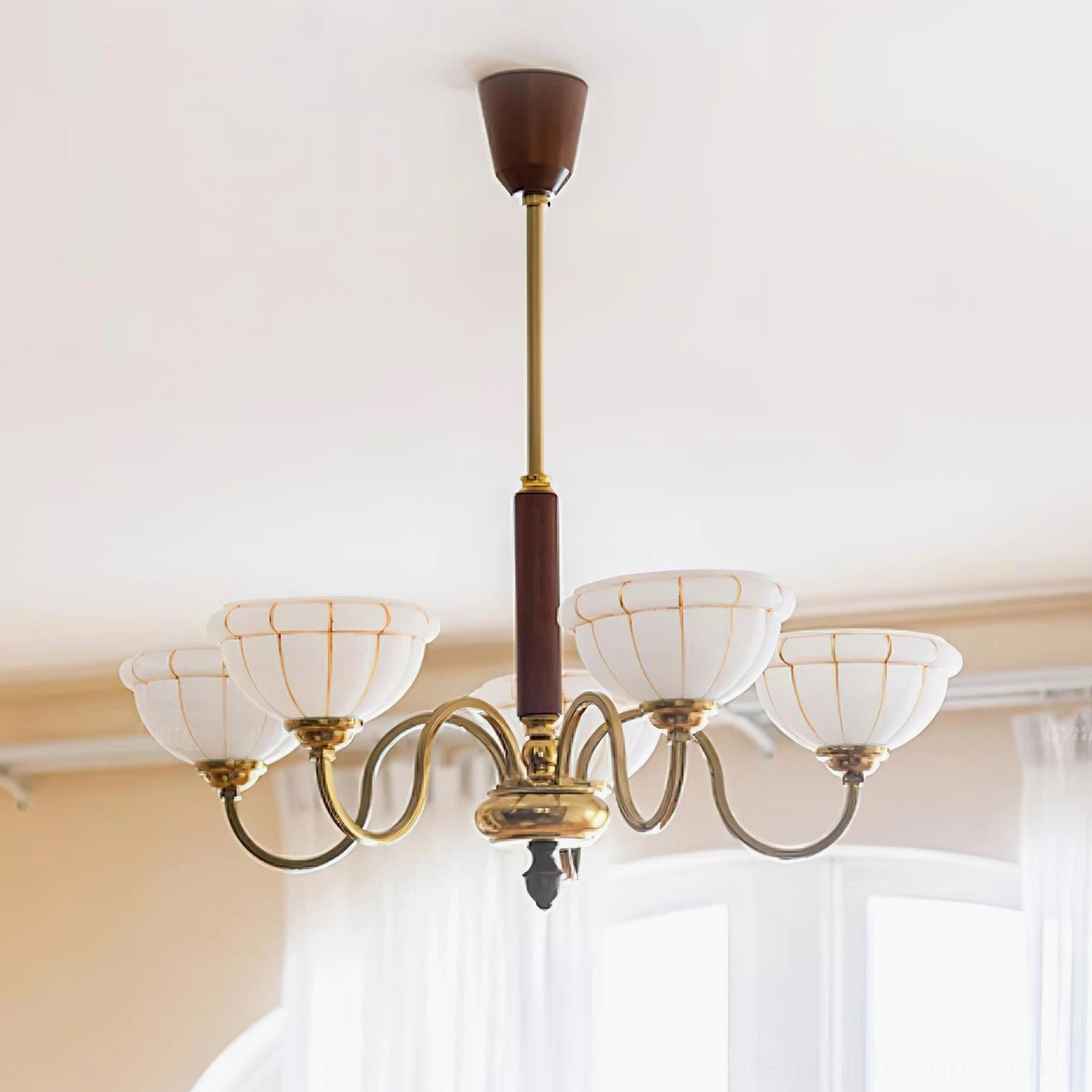 Charlie chandelier frosted glass shade detail showing ribbed pattern and warm light diffusion
