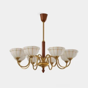 Charlie mid-century modern chandelier with six brass arms and frosted glass shades, front studio view