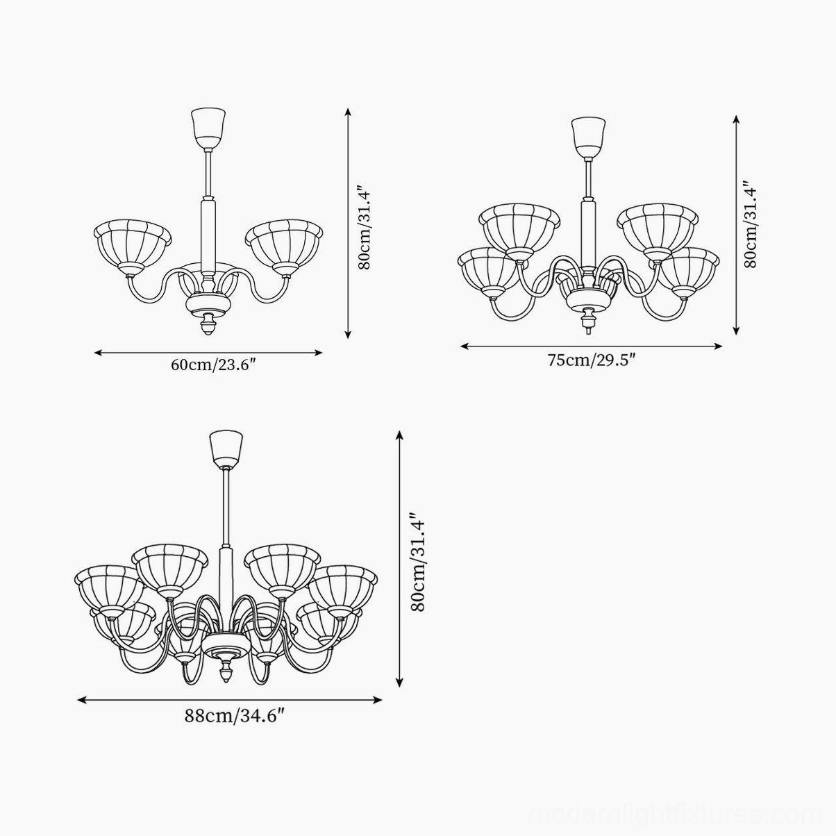 Charlie chandelier size comparison and dimension schematic showing three-head five-head and eight-head options