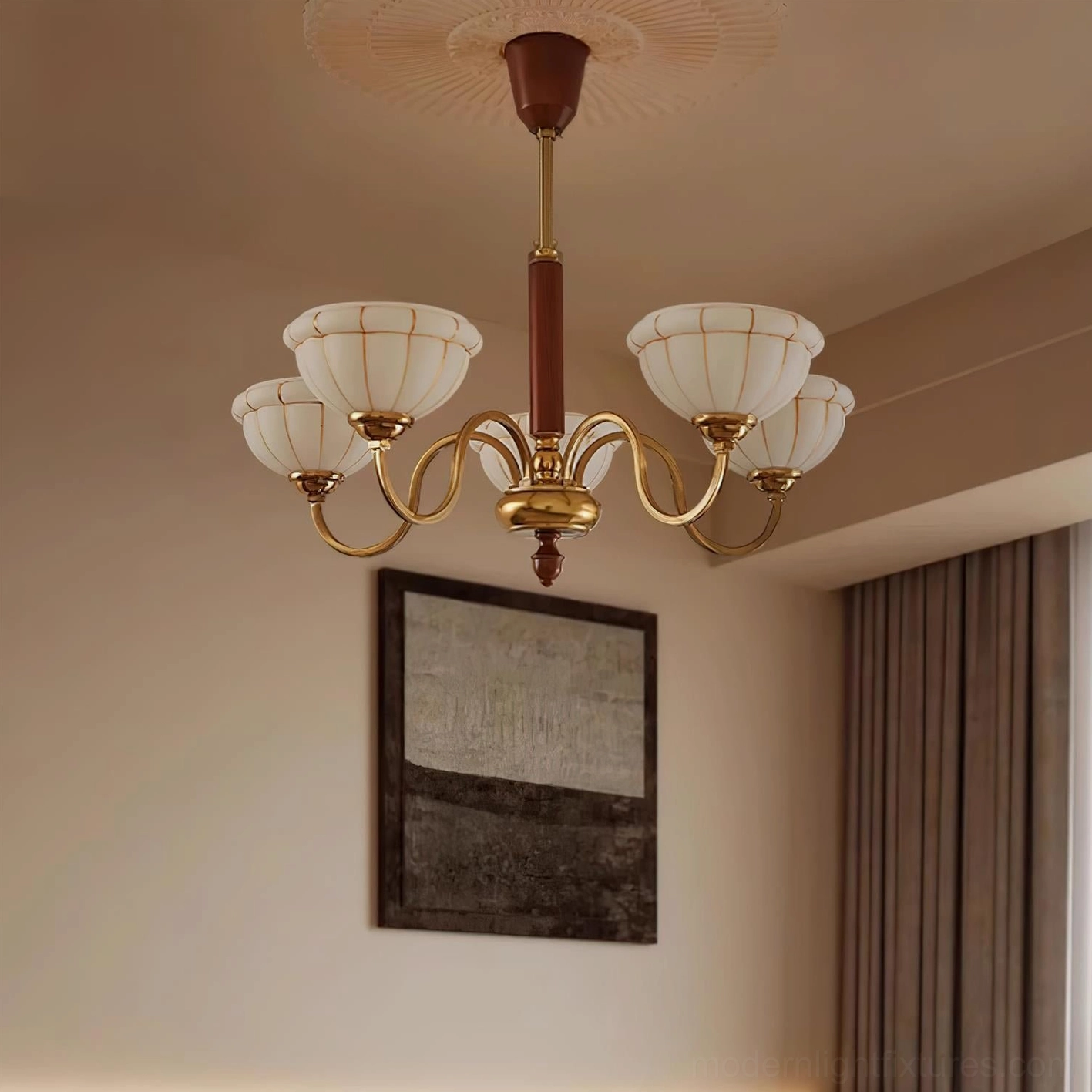 Charlie chandelier wood pole and brass joint detail showing mid-century modern craftsmanship