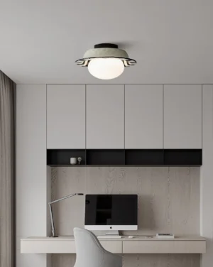 Checker ceiling light fixture installed on home office ceiling providing ambient illumination in contemporary workspace