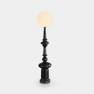 Modern chess ball floor lamp with matte black resin stand and frosted white glass shade - studio product view