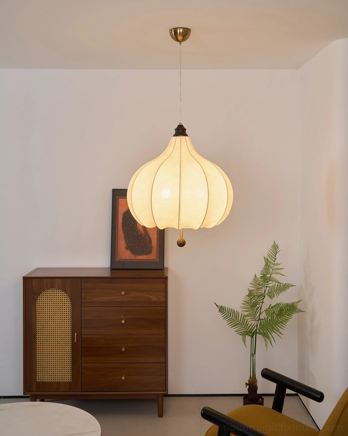 Botanical fabric pendant lamp showing durability and craftsmanship of shade construction detail