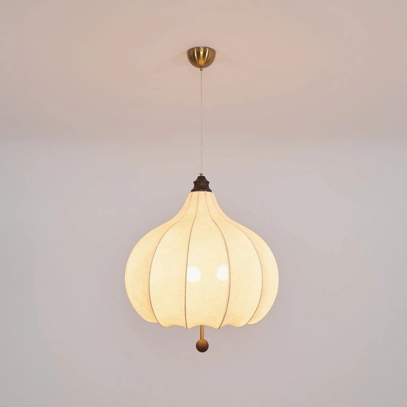 Botanical fabric pendant light showing different viewing angles of shade and floral illustration details