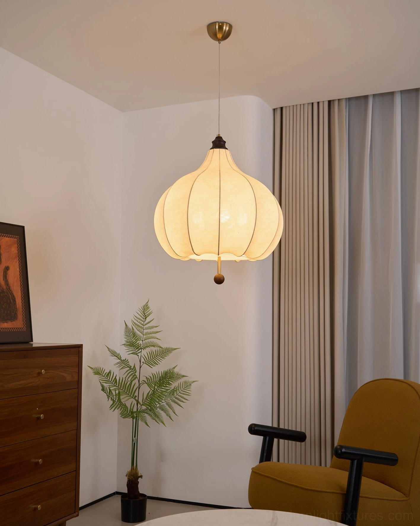 Botanical fabric pendant light showing overall product presentation and quality craftsmanship in studio setting
