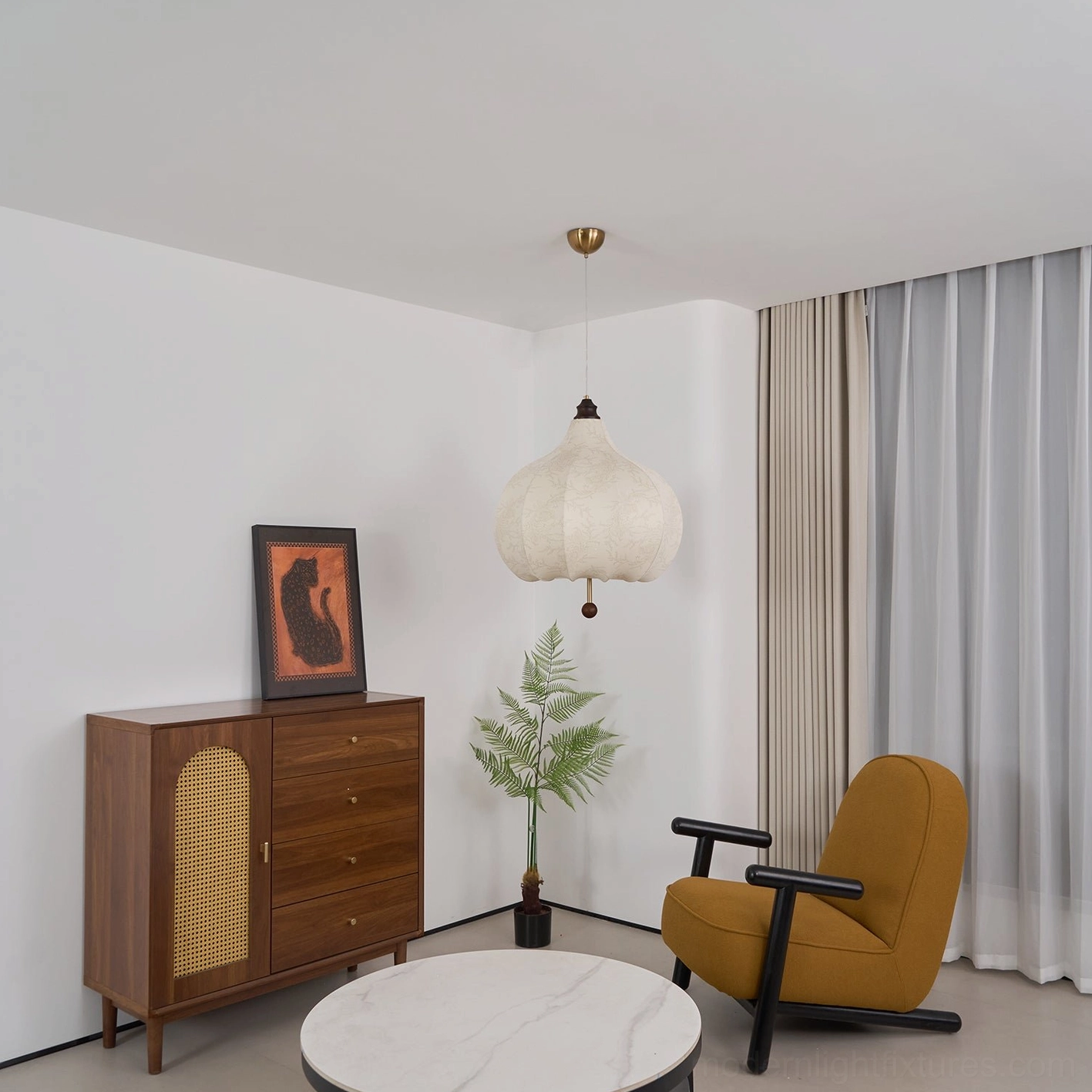 Botanical fabric pendant lamp demonstrating warm light quality and ambiance in home interior