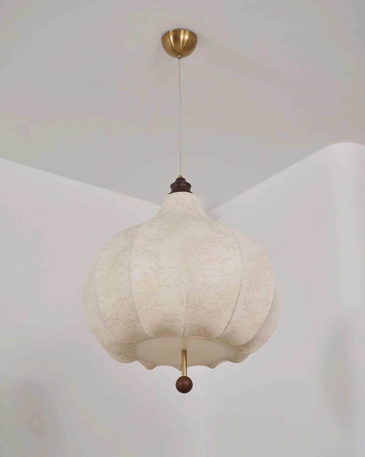 Vintage botanical fabric pendant lamp showing metal hardware finish options and wood accents