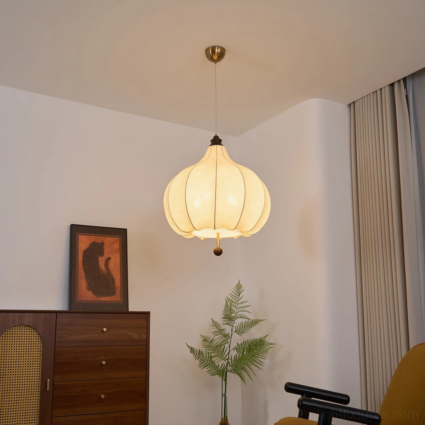 Vintage botanical fabric pendant light showing ceiling mounting bracket and installation hardware