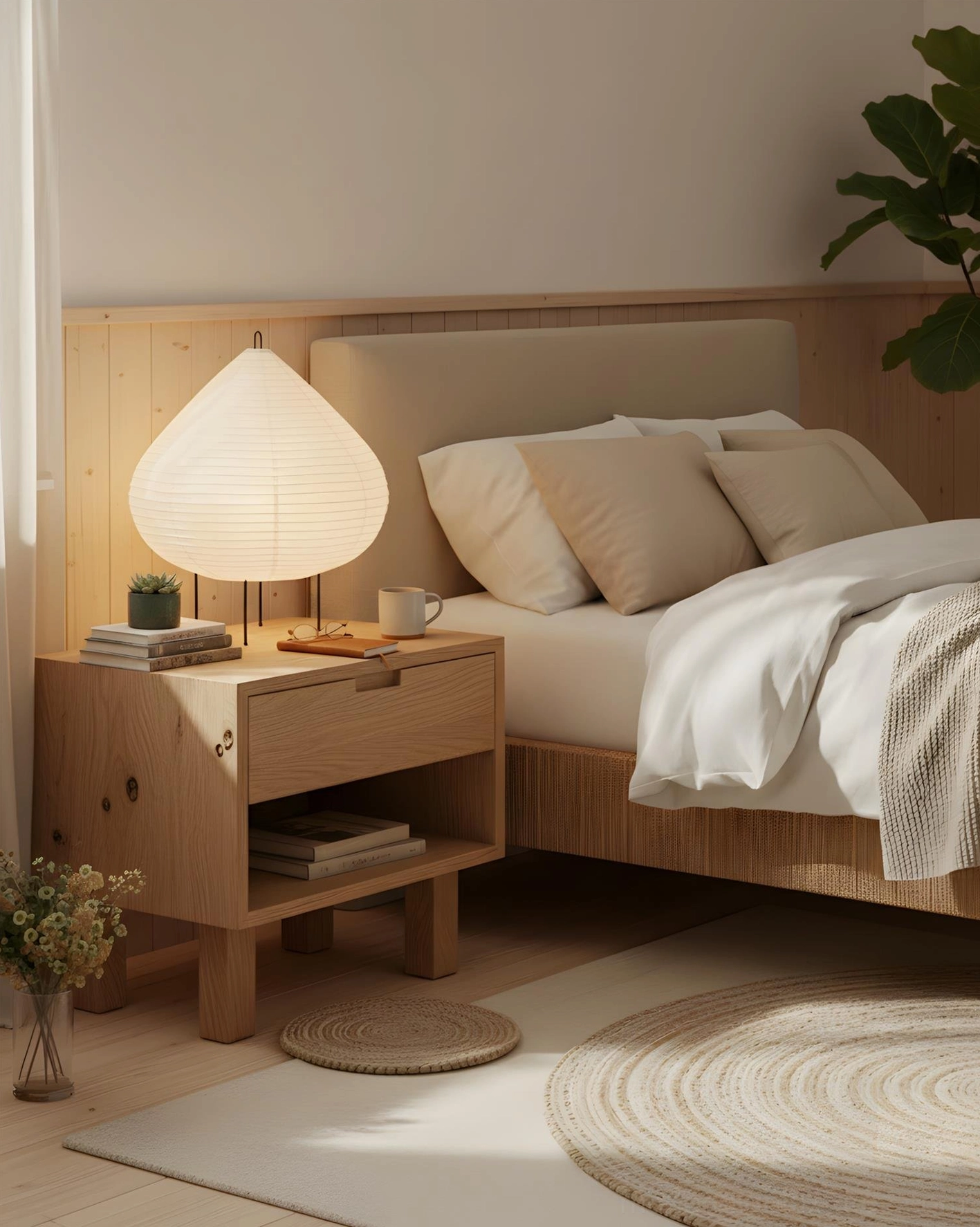 Washi paper chestnut table lamp on wooden nightstand in serene bedroom with warm neutral bedding