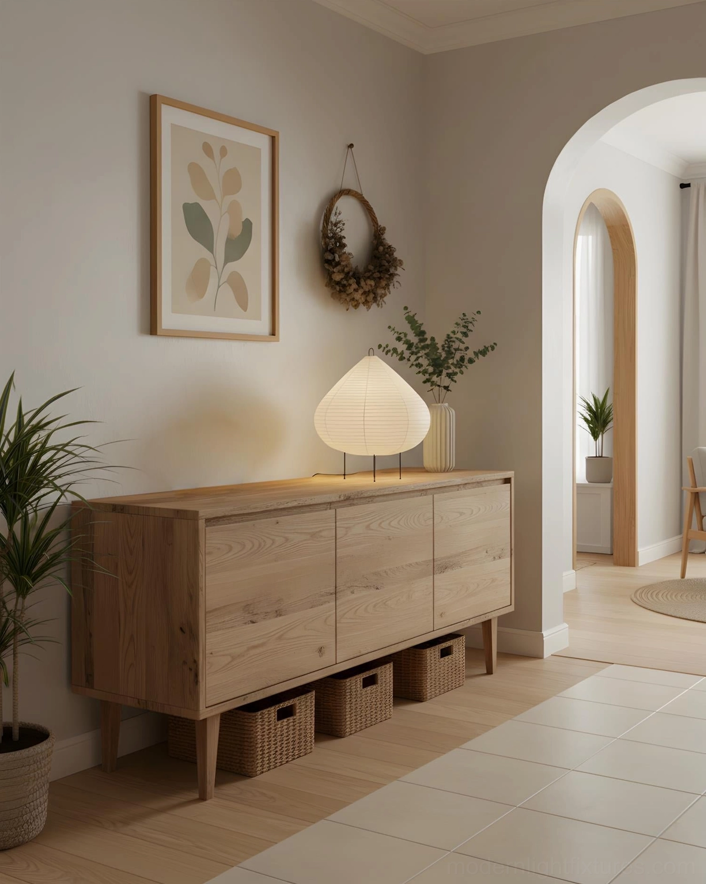 Compact chestnut paper table lamp on wooden sideboard in Japandi entryway with minimalist boho decor