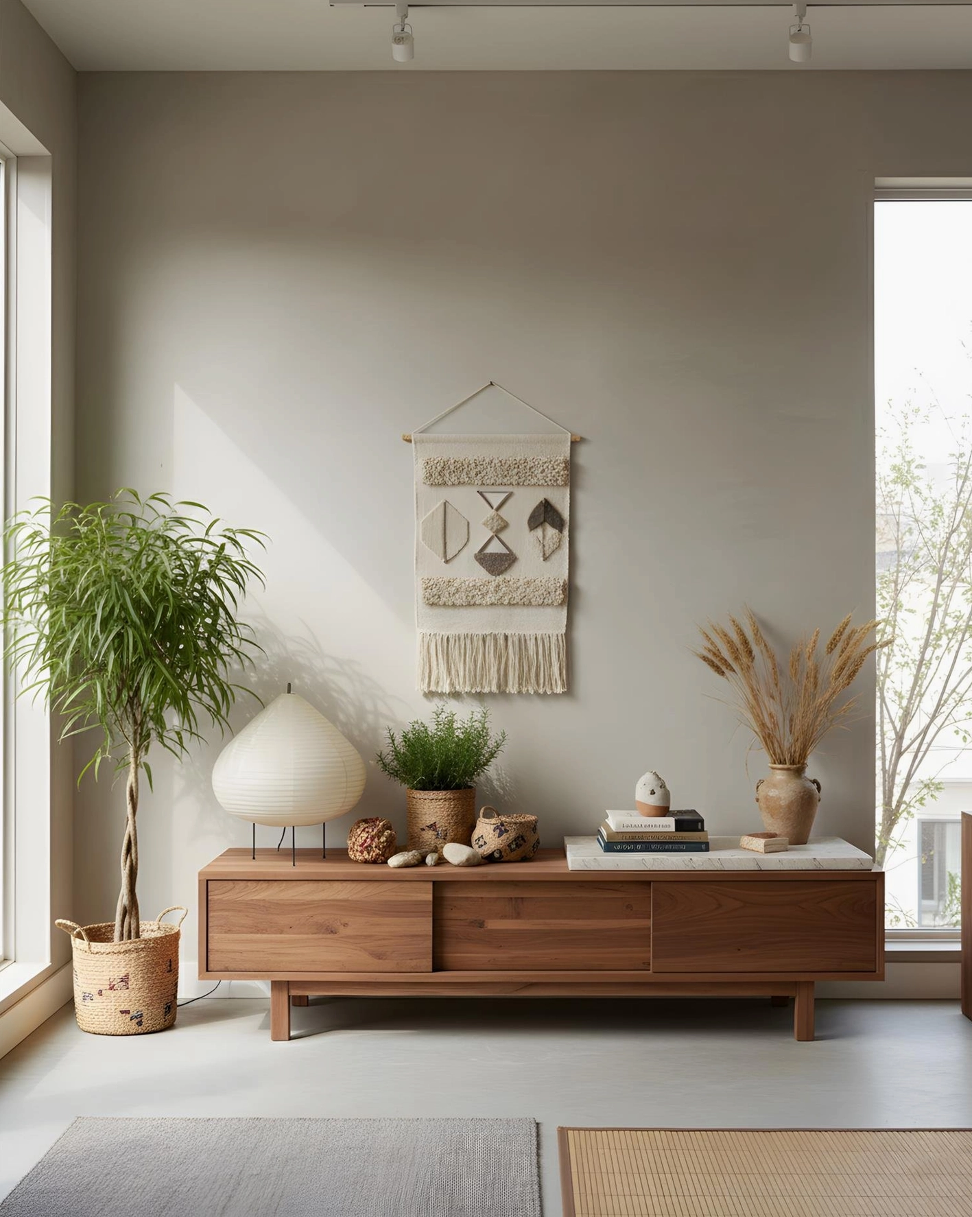 Teardrop chestnut table lamp on modern living room credenza with potted plants and warm styling