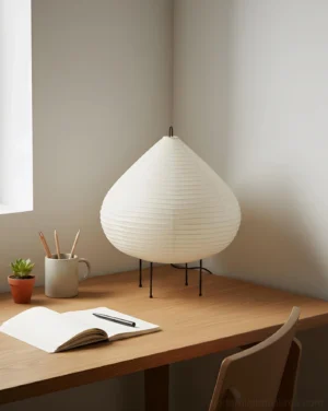 Noguchi-inspired chestnut table lamp in home office setting with warm neutral decor and stationery