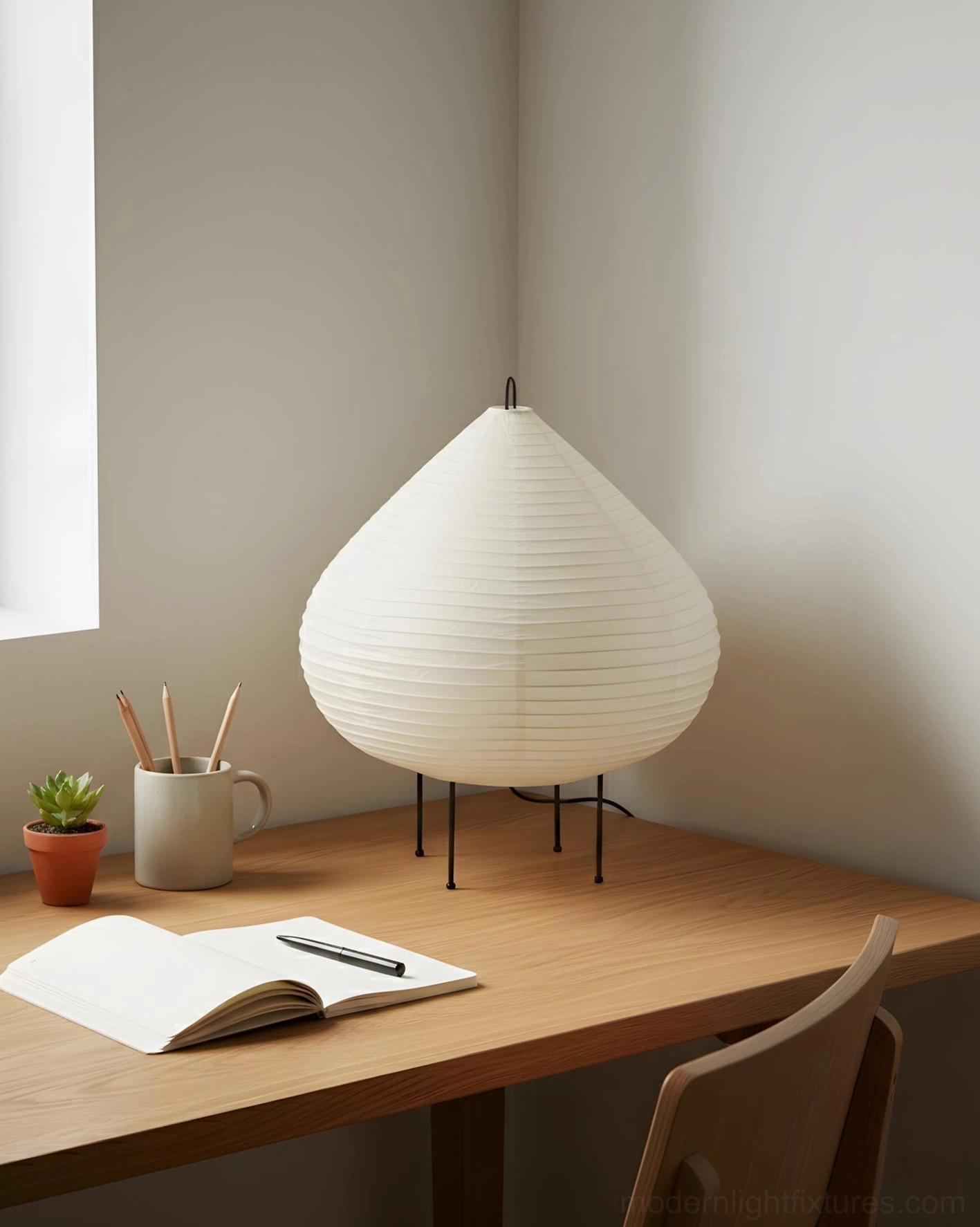 Noguchi-inspired chestnut table lamp in home office setting with warm neutral decor and stationery